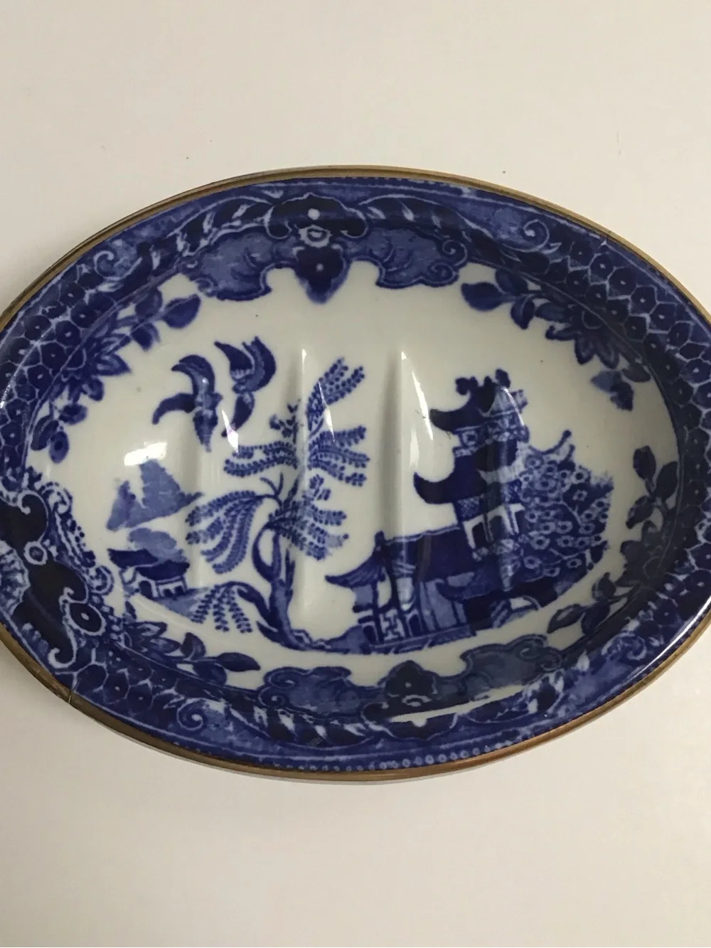 Blue Willow Antique 1920's England Burleigh Ware Oval Soap Dish Ridges Gold Rim